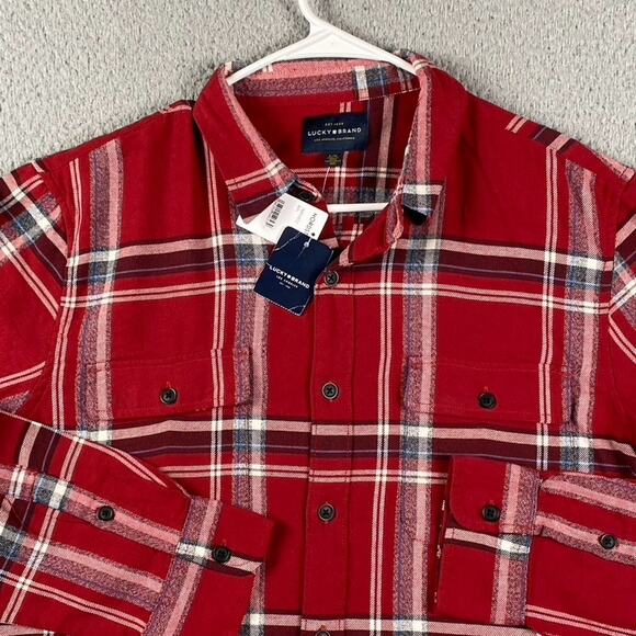 Lucky Brand Long Sleeve Flannel Button Shirt Men's Large Red Plaid New - Picture 1 of 9